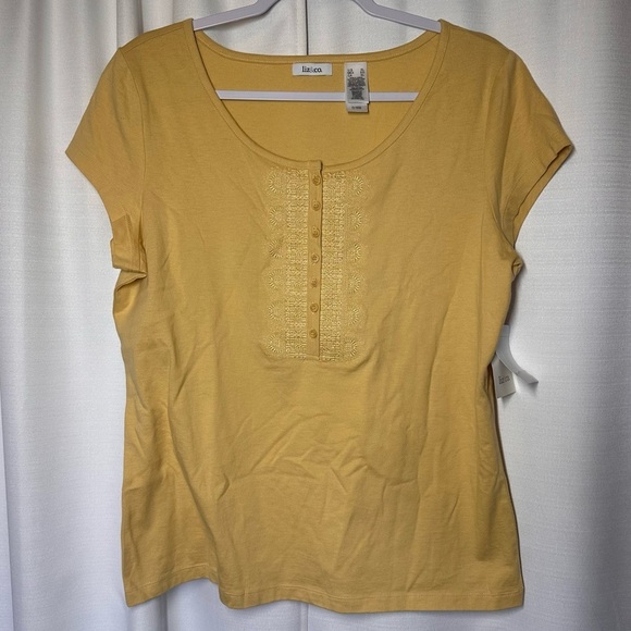 New NWT Liz & Co. Short Sleeve Yellow Henley Top XL Embroidered Liz Claiborne - Picture 1 of 8